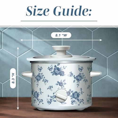 Image of COOK WITH COLOR 2QT Mini Electric Round Slow Cooker - Adjustable Settings, Removable Stoneware Pot, Tempered Glass Lid, Dishwasher Safe, Cool-Touch Side Handles, Floral Blue