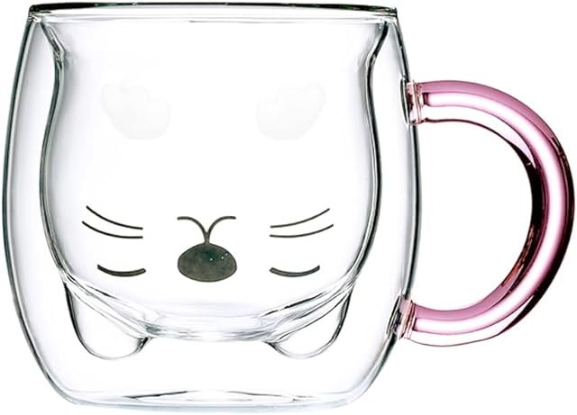 Purple Cat Mug with Handle Cute Mugs Glass Double Wall Insulated Glasses Espresso Cup, Coffee Cup, Tea Cup, Milk Cup, Best Birthday Gift for Office and Personal (Purple Cat)