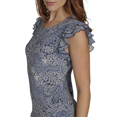 Image of Tommy Hilfiger Women's Sleeveless Crew Neck Double Ruffle Hem Jersey Shift Mini Dress