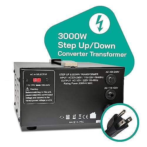 3000 Watt Voltage Converter Transformer Step Up/Down - 110v to 220v / 220v to 110v Power Converter - Fully USA Grounded Cord - Universal Outlet Socket, CE Certified2