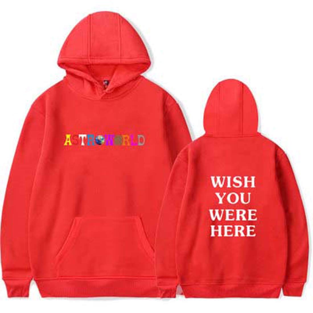 Flyself Women's Red A8906 Unisex Hoodies Astroworld Casual Long Sleeve Pullover Top Sweatshirts With Kangaroo Pockets Patchwork Top Sweater Jumper