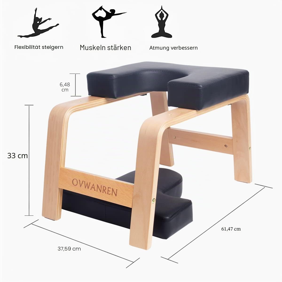 Yoga-Kopfständer, Ständer, Yoga-Stuhl für Familie, Fitnessstudio, Holz und PU-Pads, lindert Müdigkeit und Aufbau des Körpers (schwarz)