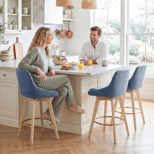 Image of Zesthouse Swivel Bar Stools Counter Height Set of 2, 26 inch Wooden Barstools with Back & Solid Wood Legs, Upholstered Linen Fabric Bar Stools for Kitchen Island, Modern Coastal Blue Counter Height Chairs