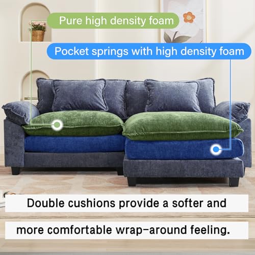 Image of Oprisen 86 inch Modular Sectional Sofa, Comfy Cloud Couch Sectional Sofa with Ottoman, Chenille Sofa Sleeper Deep Seat Sofa with Throw Pillows for Living Room (Blue, 86 inch- L Shape)