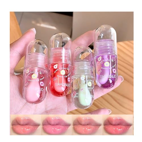 DENESTUP 4 Pcs Lip Gloss Oil Set Fruit Flavored Lip Gloss Set Cute Lip Jelly Hydrating Lip Make-Up for Women Party Gift Non-toxic