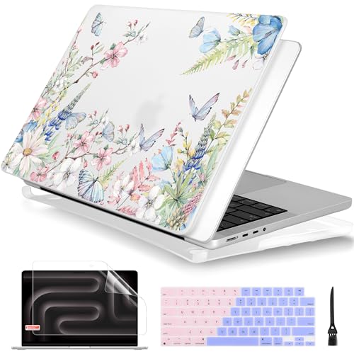 Batianda Case for M5 New MacBook Pro 14 inch Case 2025 2024 2023 2021 Model A3112/A3434 with M4 M3 M2 M1 Pro/Max Chip,Plastic Hard Shell Cover with Keyboard Cover & Screen Protector, Elegant Flowers