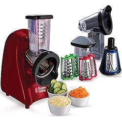 Rallador De Verduras Electrico Industrial Russell Hobbs Picadora Slice & Go - 3 Accesorios: Cortar en Rodajas, Tiras Gruesas y Rallar, Discos de Corte de Acero Inoxidable, Espacio Para Guardar los Accesorios, Fácil Limpieza, Rojo - 22280-56