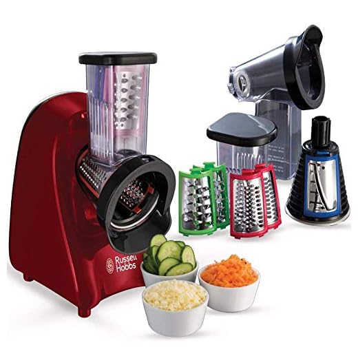Russell Hobbs Picadora Slice & Go - 3 Accesorios para Cortar en Rodajas, Tiras Gruesas y Rallar, Espacio Para Guardar los Accesorios, Fácil Limpieza, Rojo - 22280-56