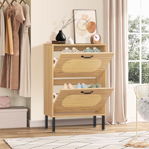 Crownland Shoe Cabinet, Shoe Storage Cabinet with 2 Flip-Out Drawers, Modern Two-Tier Shoe Rack Cabinets for Entryway, Hallway, Living Room(Wood)