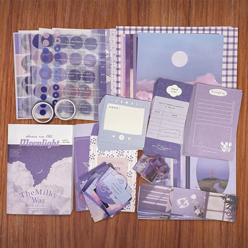 Image of Paper Vintage Aesthetic Scrapbook Kit(346Pcs) Scrapbooking Supplies Kit With Bullet Junk Journal,Stationery,A6 Grid Notebook Journaling Gift For Girl (Purple Scrapbook)