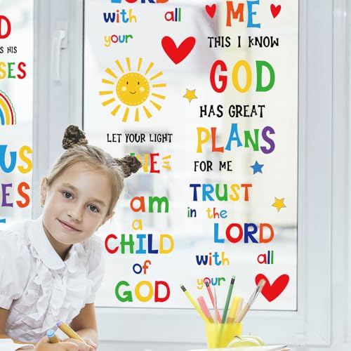 Image of Whaline 9 Sheet Back to School Window Clings Jesus Inspirational Quotes Window Decals Double-Sided Motivational Bible Verse Windows Decor for Students Bedroom Classroom Playroom