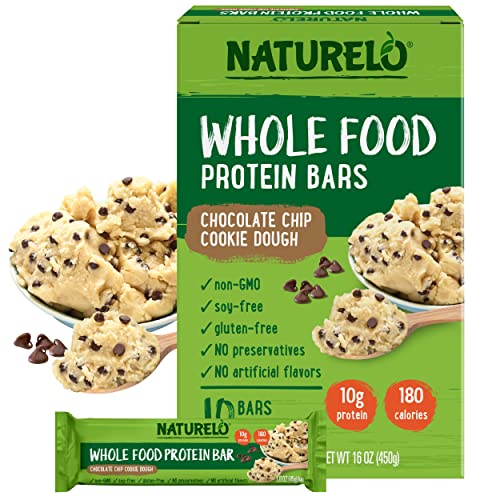 Naturelo Whole Food Protein Bar, Chocolate Chip Cookie Dough - 10G Of Protein, Soy Free, Gluten Free, Non-Gmo, No Artificial Sweeteners, Flavors, Or Preservatives - 1.6 Oz Bars, 10 Count #TOP5