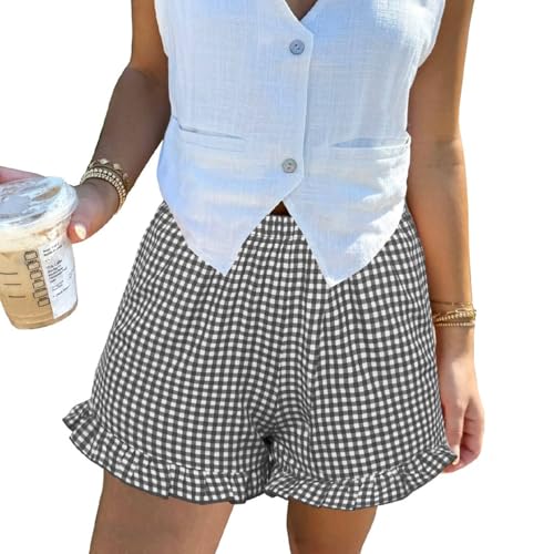 Aoulaydo Boxer Shorts for Women Pajama Gingham Shorts Casual Lounge Sleep Plaid Y2K Beach Bottoms for 2025 Summer