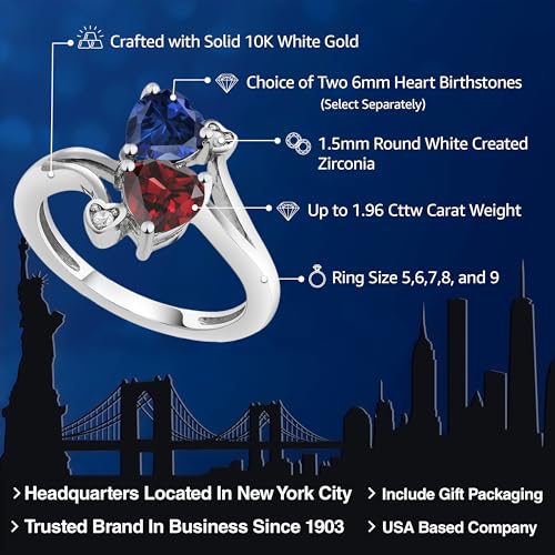 Gem Stone King 10K White Gold Customized and Personalized 2 Gemstone Birthstone For Her 6MM Heart Shape Engagement Ring for Women | Available In Size 5, 6, 7, 8, 92