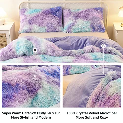 A Nice Night Shaggy Fluffy Faux Fur Duvet Cover Set, Tie Dye Style,Softest, Luxury Ultra Soft Crystal Velvet Bedding Sets, Zipper Closur (Queen, Purple-Blue) #TOP3