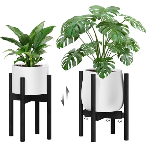 Bamworld Maceteros Con Pie de Madera de Mediados de Siglo Soporte Macetas Interior y Soporte para Plantas Moderno para Flores Estantería para Plantas Ajustable ara Interior y Exterior (Negro)