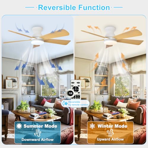 Image of Depuley Modern Ceiling Fan with Light: 42-Inch White Small Fans for Bedroom Indoor Outdoor - Dimmable Low Profile Ceiling Fans with Remote Control Flush Mount 5 Reversible Wood Blades 6 Speeds Timer