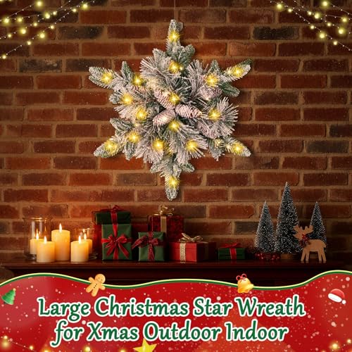 Giegxin 2 Pack 20" Lighted Christmas Wreaths for Front Door, Pre-Lit Snowy Star Wreaths with Pine Cones & Warm White LED Lights, Snowflake Wreath for Outdoor Indoor Xmas Home Decor by Giegxin - Image 3