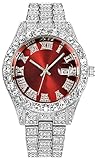 LGXIGE Orologio da uomo Ice Out Big Rocks con numeri romani completamente colorato quadrante oro orologio, Cinturino Argento Rosso, moderno
