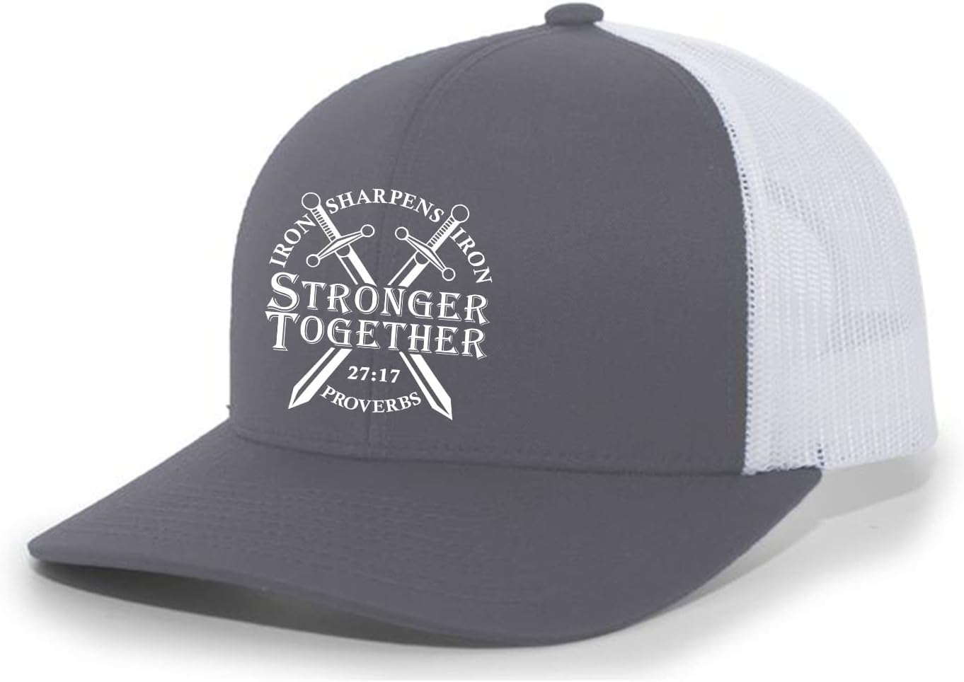 Christian Stronger Together Nails Iron Sharpens Iron Proverbs 27:17 Mens Embroidered Mesh Back Trucker Hat, Charcoal/White