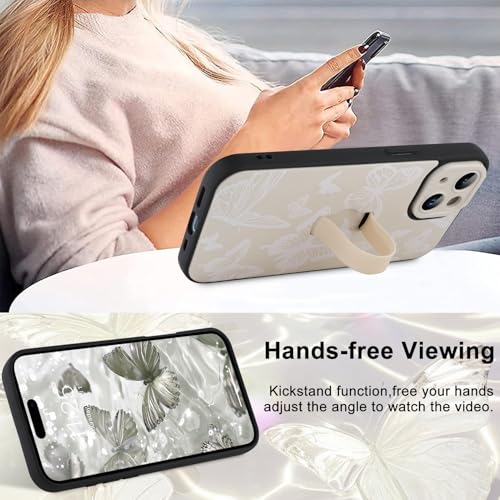 Image of for iPhone 15 Case with Finger Strap Holder, Cute Cool Butterfly Print Pattern Design for Women Men, Shockproof Anti Scratch Hand Kickstand Protective Cover, White