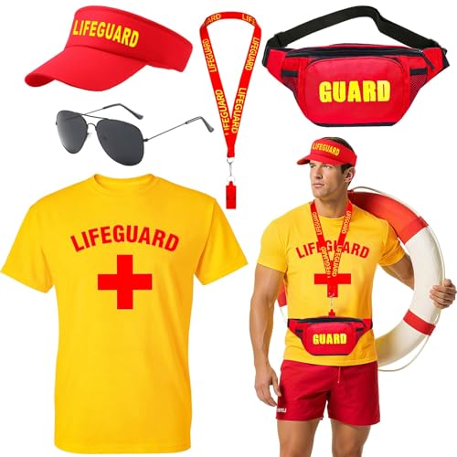 Glirop Life Guard Costume Set Lifeguard Fancy Dress Include T-shirt Hat Fanny Pack Whistle Sunglasses Beach Costume Acccessories for Women Men Pool Party Halloween Cosplay(Style B 2XL)