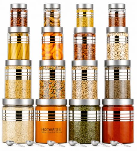 Image of Plastic Pet Storage Jar and Container, Set of 16 (4 ps x 250ml, 4 ps x350ml, 4 ps x 650ml, 4 ps x 1200ml) With Spoons Air Tight Kitchen Organiser Improved Model Silver line Printed