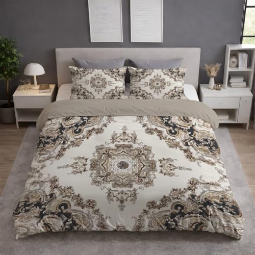 Funda Nordica Cama 180 - Juego de Funda Edredon 260 x 240 cm 3 Piezas + 2 Fundas de Almohada 50 x 75 cm, Ropa de Cama Microfibra Suave Transpirable, Beige, Arte Patrón Floral