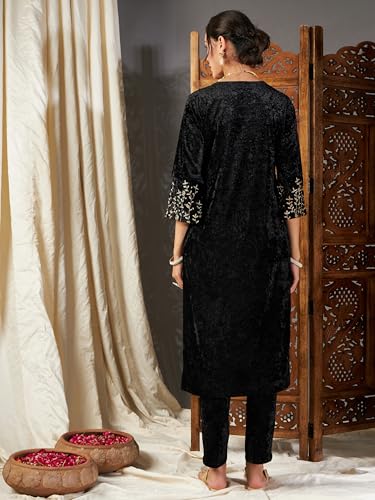 Image of Women's Velvet Floral Embroidered Straight Kurta | Round Neck Three-Quarter Sleeve Calf Length Kurti with Thread Work