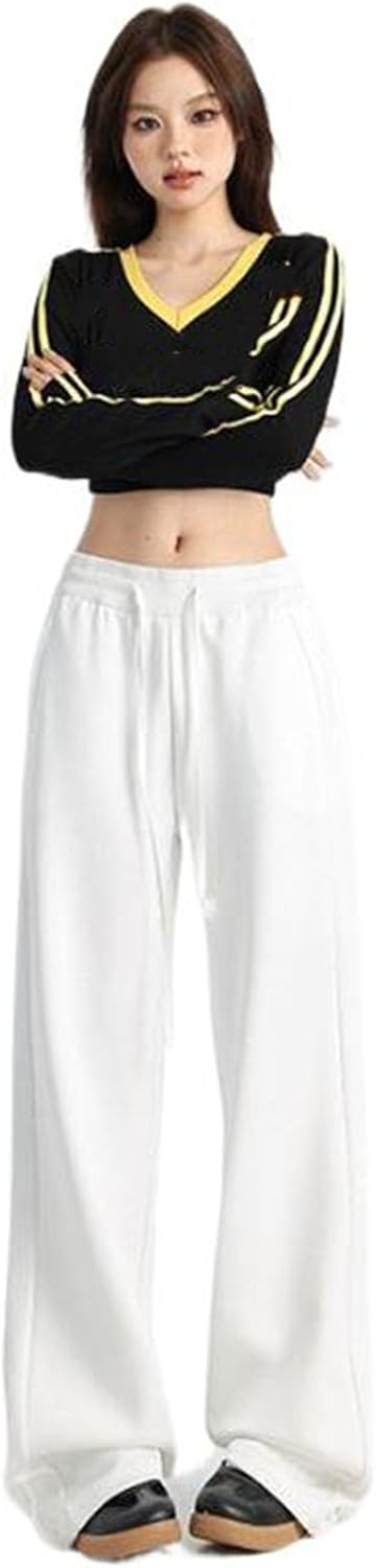 White Drawstring American Casual Pants for Women Autumn and Winter Loose Pants