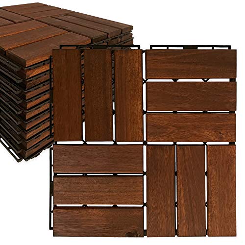 Mammoth Sustainably Sourced Solid Acacia Wood Oiled Finish Secure Interlocking Deck Tiles, Water Resistant Outdoor Patio Pavers or Composite Deck Flooring, Pack of 11 (11 SQFT) (Checker)