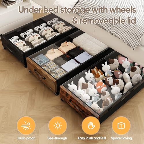 Under Bed Storage with Wheels, 2 Packs Wooden Storage Containers Extra Large Underbed Shoes Organizer, Rolling Under Bed Storage Drawers with Clear Lid, Heavy Duty for Clothes Toys 36"L (Walnut)