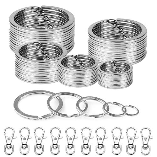 Hoiny Lot de 50 anneaux porte-clés ronds en acier inoxydable - 5 tailles et 10 fermoirs mousquetons pour l'organisation de clés, la fabrication de bijoux et les loisirs créatifs - Argent Cover