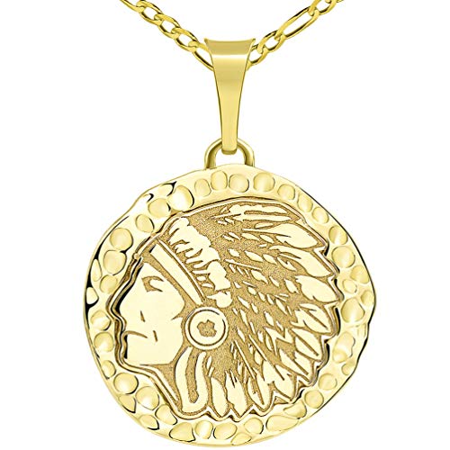 14K Yellow Gold Hand Engraved Native American Chief Indian Head Round Pendant With Figaro Chain Necklace, 22" #TOP8