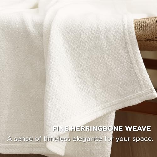 Image of Bedsure 100% Cotton Blanket, Herringbone Weave, Queen Size, Cream