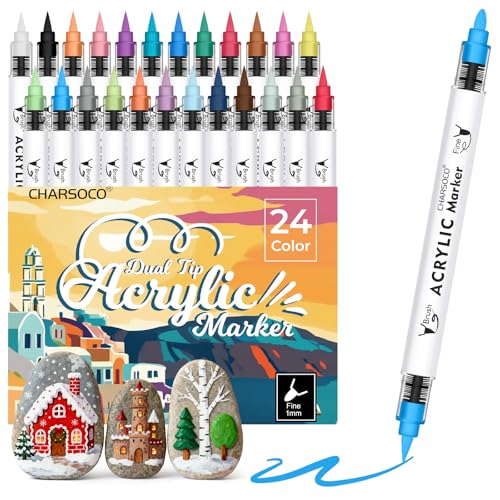 Image of Acrylic Paint Markers, 24 Colors Dual Tip Acrylic Paint Pens, Water-Based No-Bleed Markers with Automatic Ink Control System, Bullet & Brush Tip, Works on Paper, Wood, Ceramic, Rock,813-24pcs