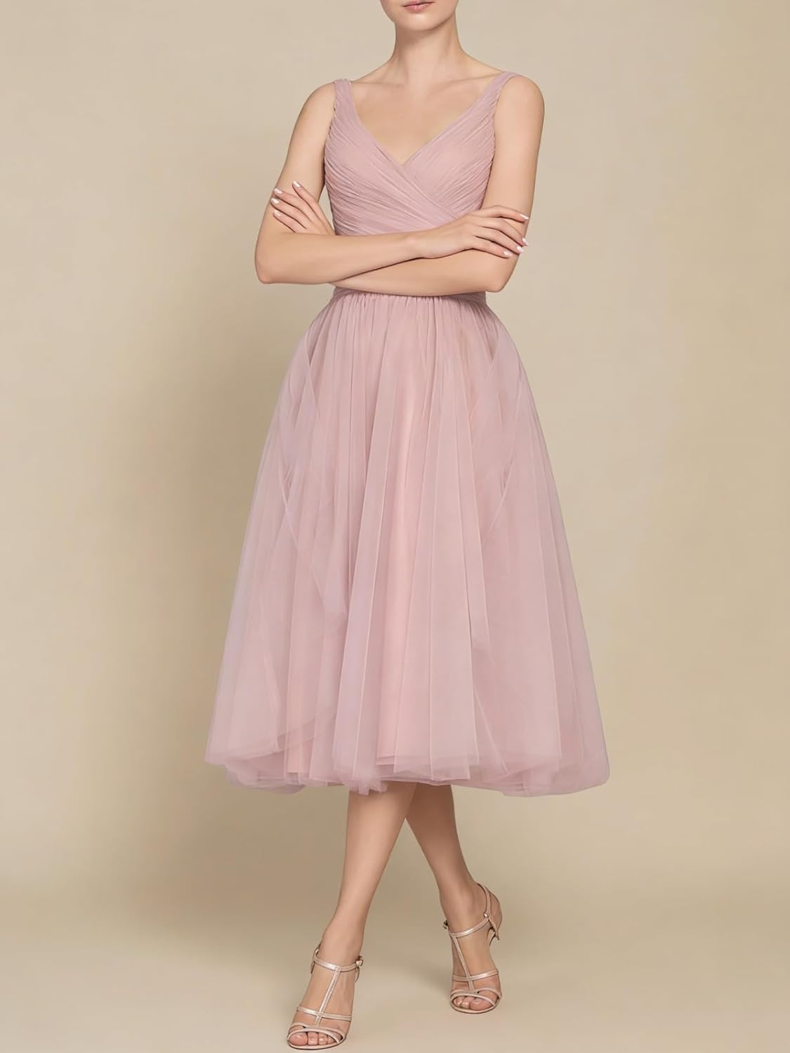 Tea Length A-Line V Neck Formal Evening Party Gowns for Women Sleeveless Puffy Midi Tulle Cocktail Prom Dress - Image 2