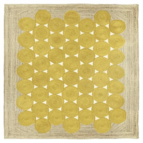 Tapis carré en jute tressé main 12x12 cm avec bordure jaune géométrique rustique - 3