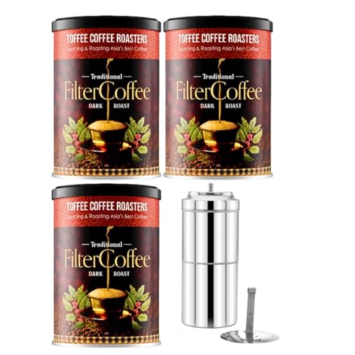 Image of Toffee Coffee Roasters | South Indian Filter Coffee, Pack of 3 (200 gms) + Free Filter Coffee Maker (220ml, 3-4Cups) | As Seen On Shark Tank | Speciality Traditional Dark Roast Signature Filter Coffee