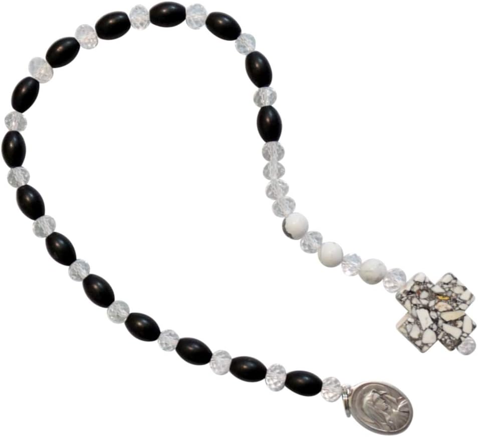 The Chaplet of The Fifteen Secret Tortures and Sufferings of Our Lord Jesus Christ Matte Black Barrel Chaplet Pocket Beads Marbled Quartz Cross and Silver Plated Medal Includes Blessed Prayer Card