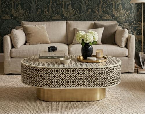 Image of Handmade Bone Inlay Oval Coffee Table Black & White Floral Geometric Design, Luxury Center Table with Brass Base for Living Room, Modern Decorative Coffee Table for Home & Apartment