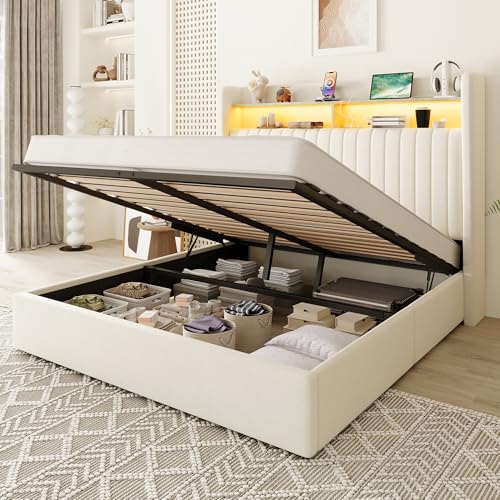 Image of Allewie Queen Size Lift Up Storage LED Bed Frame, Charging Station, Cream