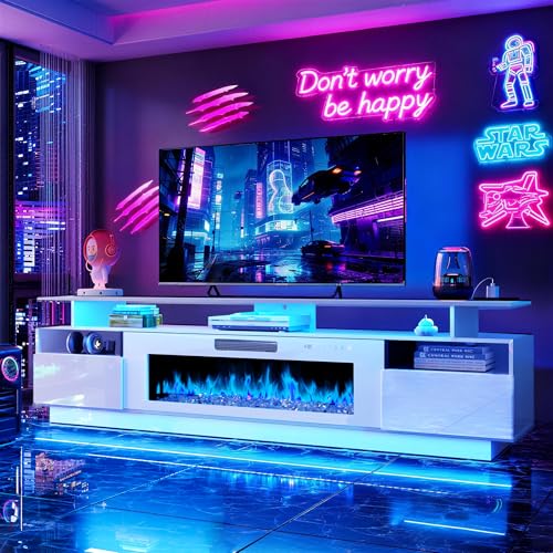 FJTJBSI 70" Fireplace TV Stand with 36" Electric Fireplace Entertainment Center with Charging Station and LED Light Console Table for Television up to 80 inch with Storage for Living Room