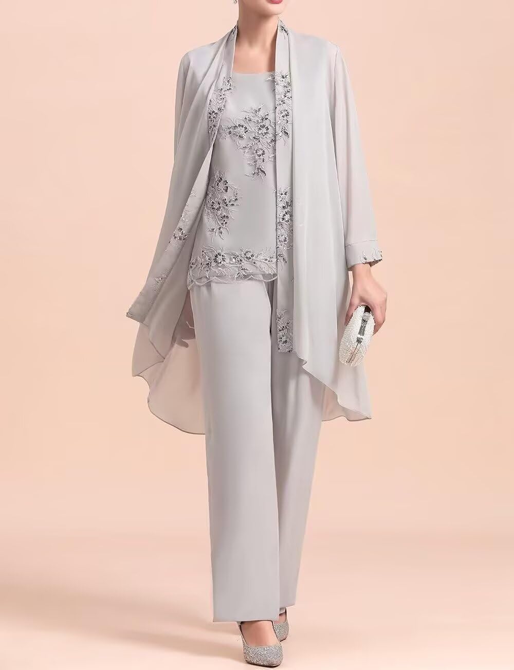 3 Pieces Mother of The Bride Pant Suits - Chiffon Plus Size Wedding Guest Dress Lace Applique Formal Outfit with Jackets