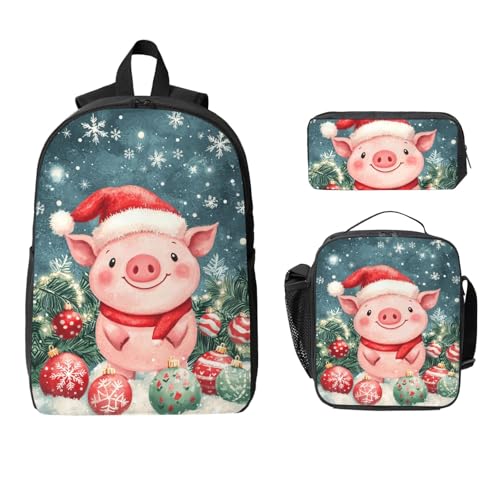Christmas Day Pig Backpacks 3 Pcs Minimalist Backpack for Men and Women with Fun Graphic Cartoon Print for Outdoor Hiking and Travel