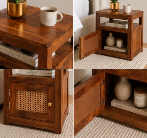 Image of Solid Sheesham Wood Bedside Table with Cane Door | Wooden Nightstand with Open Shelf & Storage Cabinet | Modern Side Table for Bedroom & Living Room
