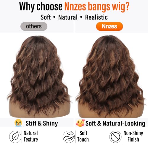Image of Nnzes Short Wavy Bob Wig with Bangs for Women Shoulder Length Curly Ombre Brown Highlight Synthetic Heat-Resistant Fiber Hair for Daily & Party Use