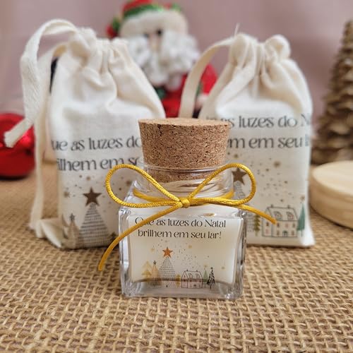 Lembrança de Natal: Vela Vidro CUBO 40g arte dourada com saquinho personalizado (10)
