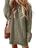 ZAFUL Women's Cable Knit Sweater Dress Long Sleeve Loose Crew Neck Pullover Tunic Mini Sweater Dress Fall Winter Outfits Army Green L