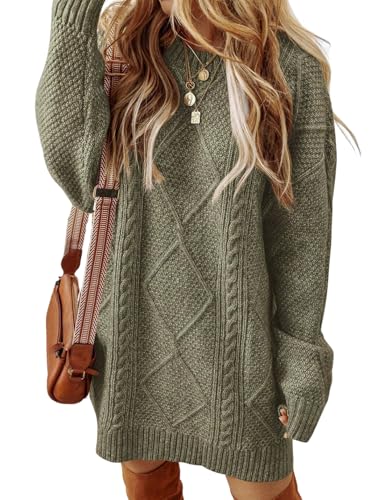 ZAFUL Women's Cable Knit Sweater Dress Long Sleeve Loose Crew Neck Pullover Tunic Mini Sweater Dress Fall Winter Outfits Army Green XL